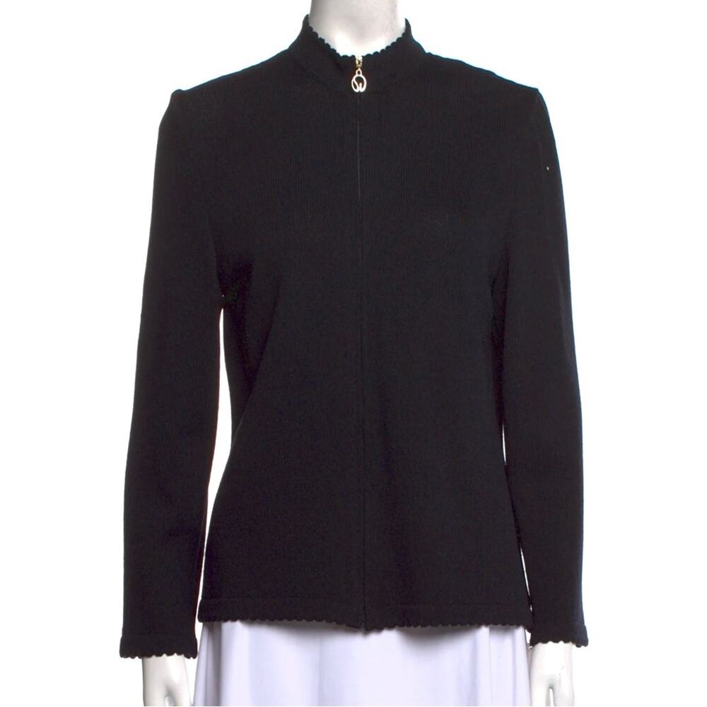 ST. JOHN Santana Knit Wool Blend Knit Front Zip Jacket Sweater Black Size 6